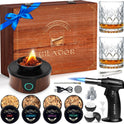 Electric Whiskey Smoker Kit with Wooden Box, Whiskey Gift for Dad Men, with Torch, 4 Wood Chips, Ice Molds, 2 Glasses, Stones, Old Fashioned Bourbon Cocktails Smoker Infuser Kit(Without Butane)