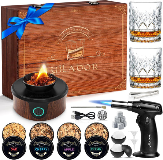 Electric Whiskey Smoker Kit with Wooden Box, Whiskey Gift for Dad Men, with Torch, 4 Wood Chips, Ice Molds, 2 Glasses, Stones, Old Fashioned Bourbon Cocktails Smoker Infuser Kit(Without Butane)
