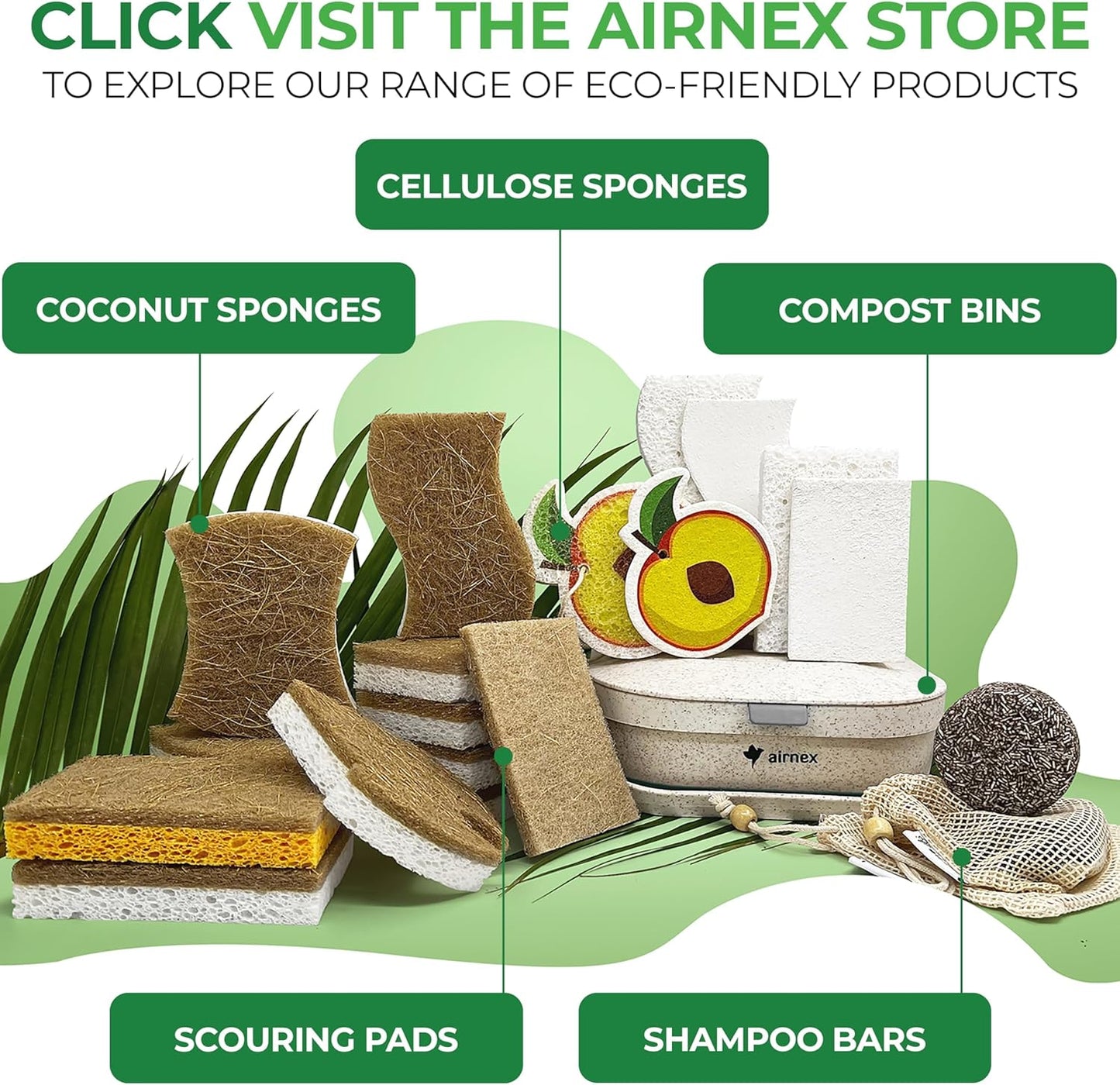 AIRNEX 12 Pack Natural Sponges for Dishes - Biodegradable Sponges for Kitchen - Plant Based Cellulose & Coconut Natural Dish Sponge - Non Toxic Eco Friendly Sponges, Non Scratch Kitchen Scrubber
