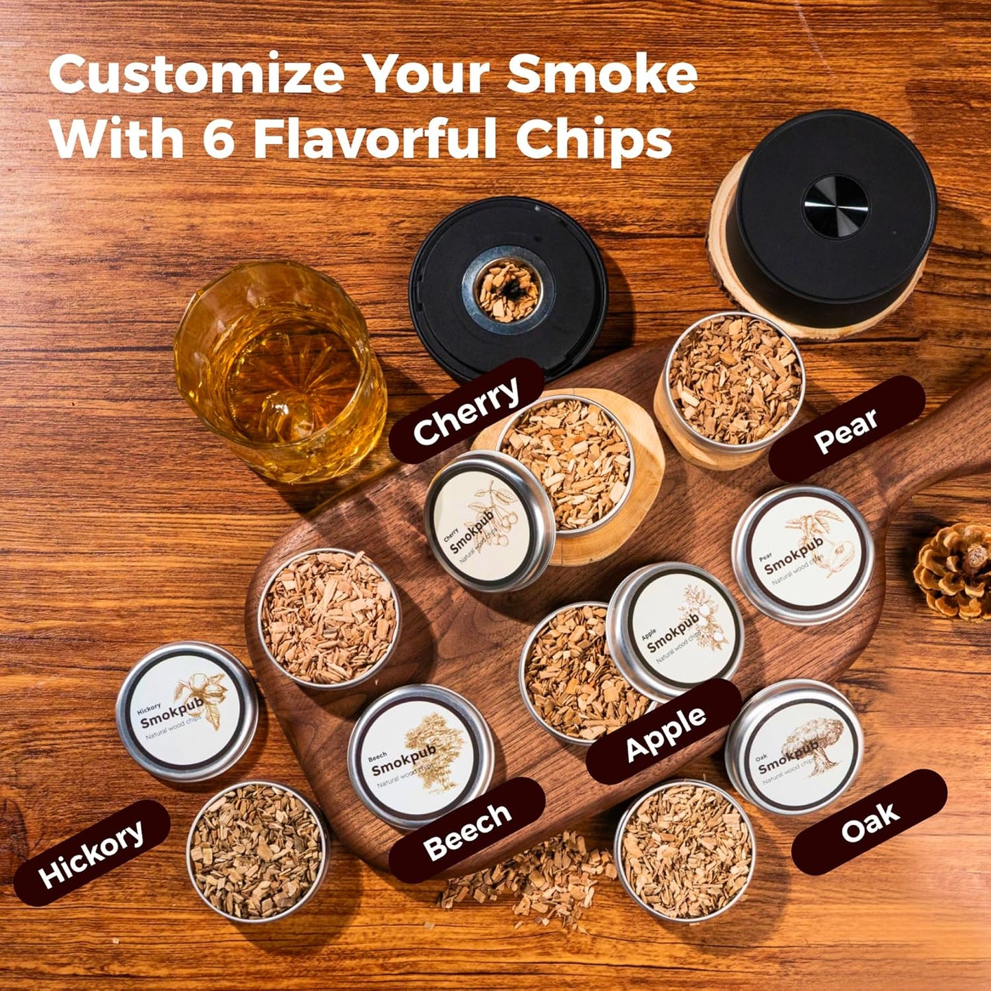 SMOKPUB Electric Whiskey Smoker Kit Built-in Lighter, No Butane Needed, Rechargeable Cocktail Smoker Kit with 6 Wood Chips, Old Fashioned Drink Smoker Kit, Bourbon Whiskey Gifts for Men,Dad,Husband
