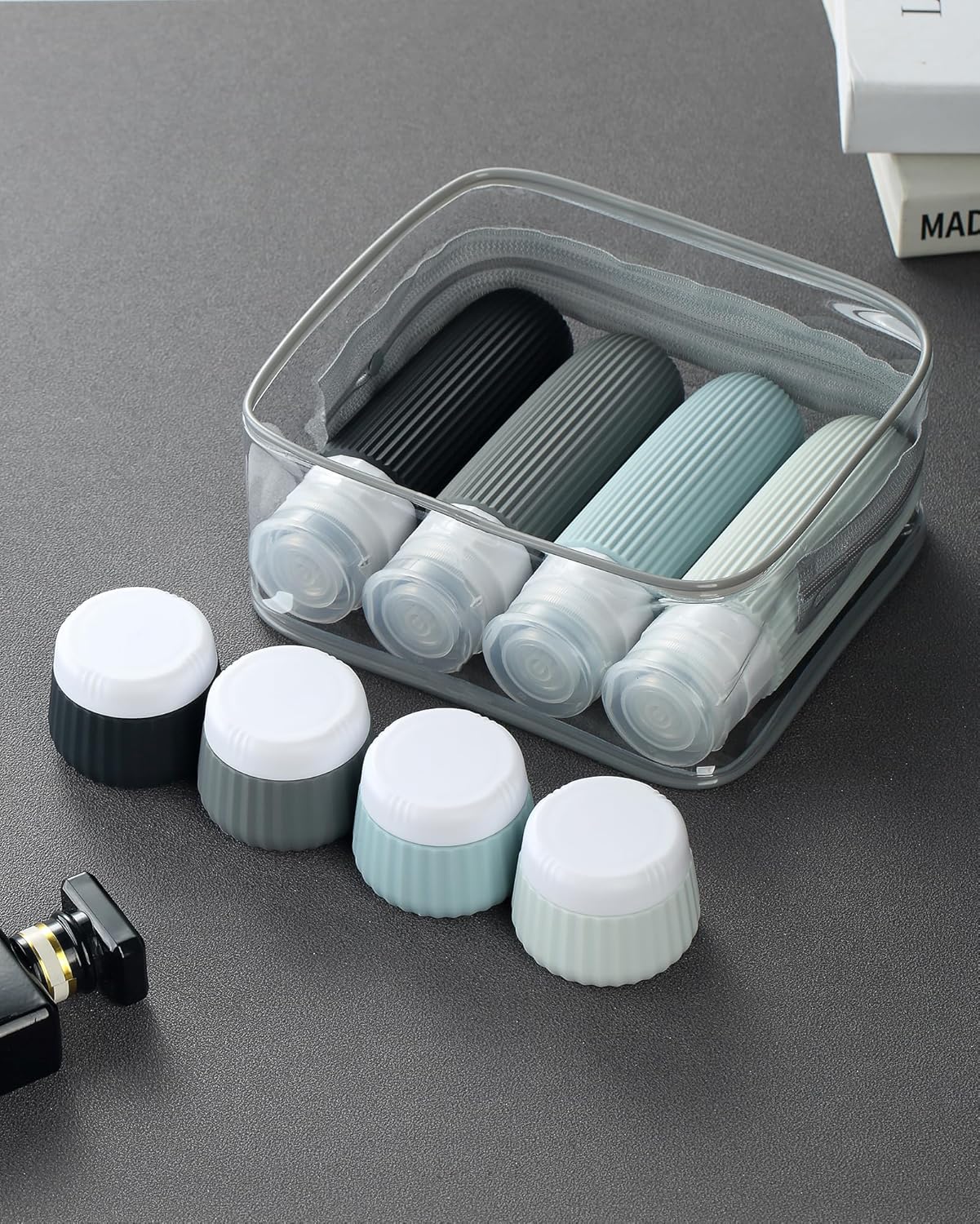 Mrsdry Travel Bottles for Toiletries 8 Pack, Tsa Approved Travel Size Toiletries Containers with Clear Bag, Leak Proof Silicone Squeezable Traveler Essentials Creams Jars