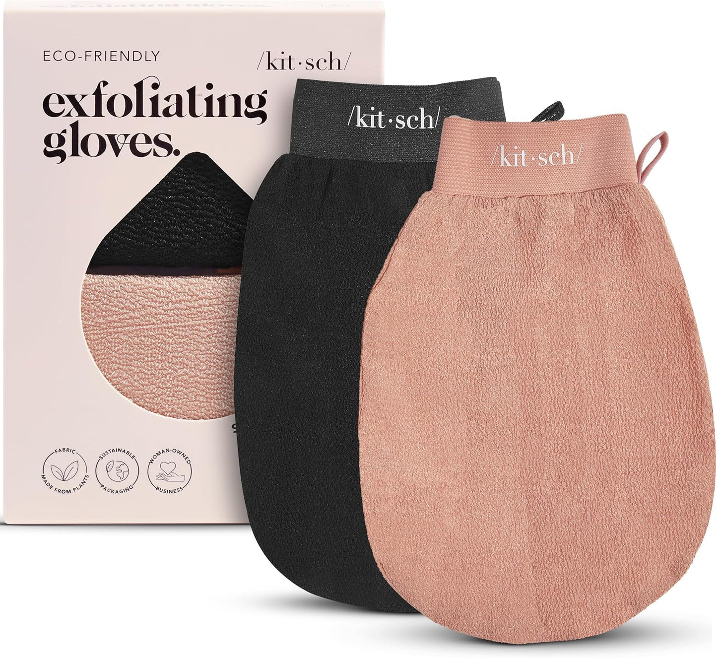 Kitsch Deep Exfoliating Glove - 2pc Eco Friendly Exfoliating Body Scrubber, Dead Skin Remover, Exfoliator Body Scrub Mitt for Skin Cell Renewal, Body Exfoliating Gloves for Shower - Black & Terracotta