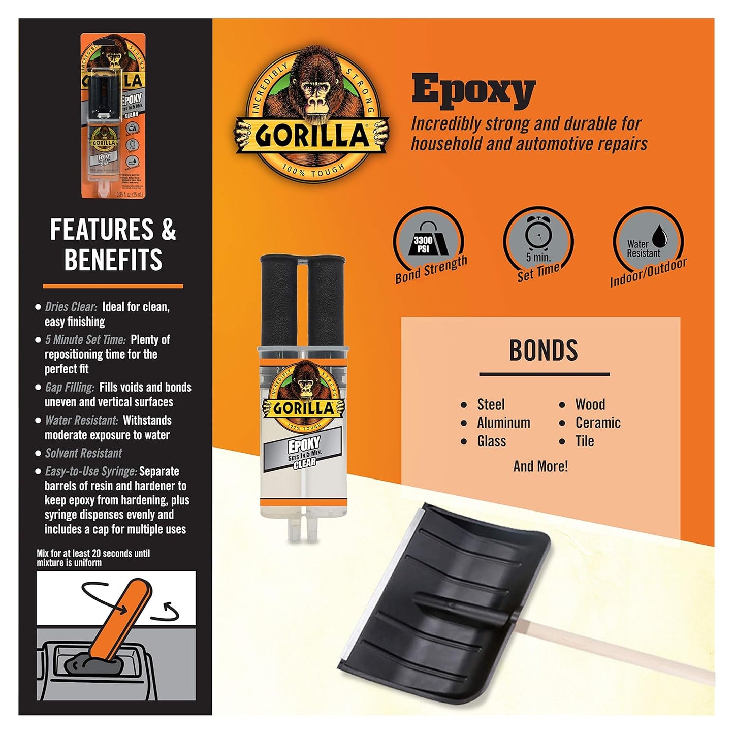 Gorilla Glue Epoxy, Dries Clear, Gap Filling, Indoor & Outdoor, Water Resistant, 5 Minute Set, Dries Clear Transparent, 0.85oz/25mL, (Pack of 1) 4200602