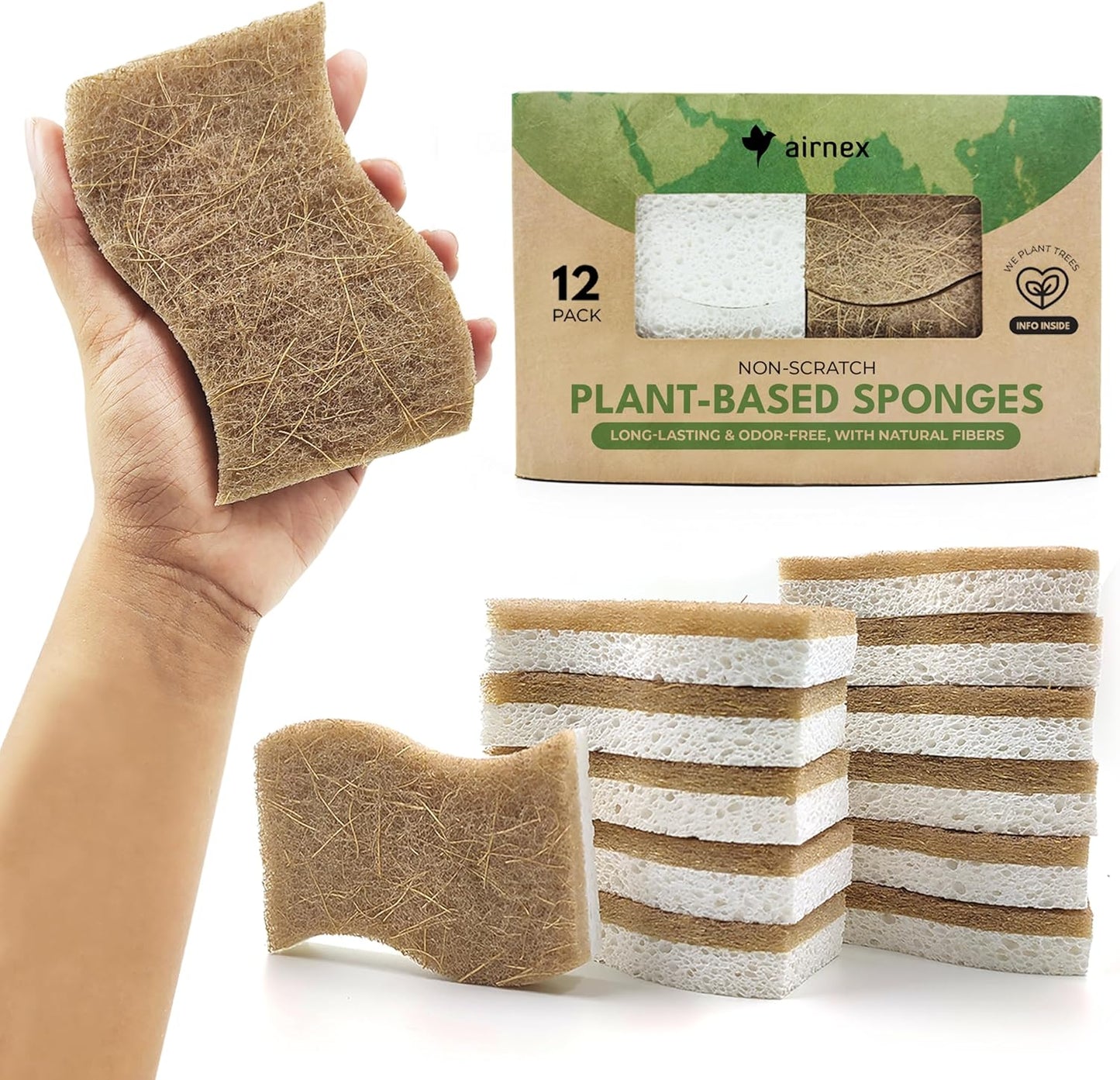 AIRNEX 12 Pack Natural Sponges for Dishes - Biodegradable Sponges for Kitchen - Plant Based Cellulose & Coconut Natural Dish Sponge - Non Toxic Eco Friendly Sponges, Non Scratch Kitchen Scrubber