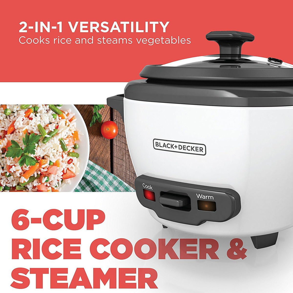 BLACK+DECKER 2-in-1 Rice Cooker & Food Steamer - 6-Cup Capacity, Automatic Keep Warm