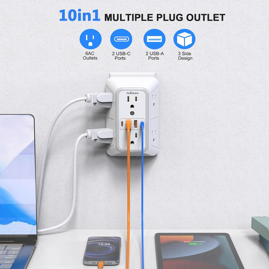 Extender Surge Protector - 6 Outlet Splitter with 4 USB Ports (2 USB C)