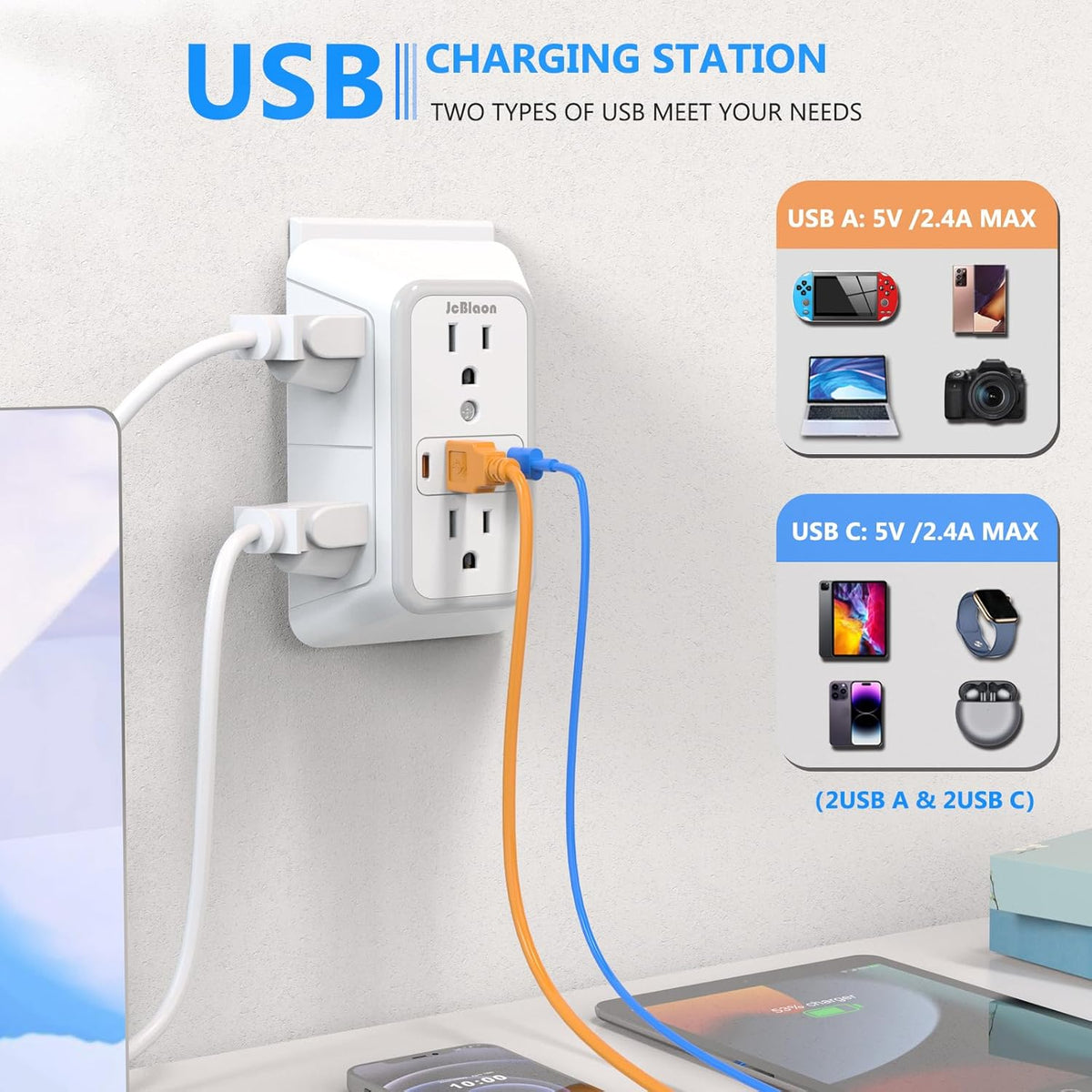Extender Surge Protector - 6 Outlet Splitter with 4 USB Ports (2 USB C)