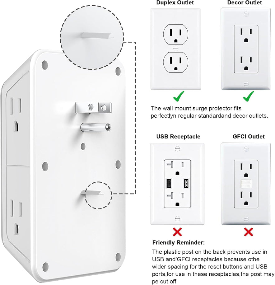 Extender Surge Protector - 6 Outlet Splitter with 4 USB Ports (2 USB C)