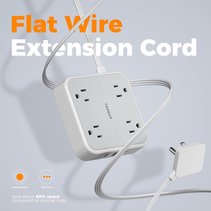 Flat Plug Extension Cord Indoor 5 Ft, Power Bars with Surge Protector