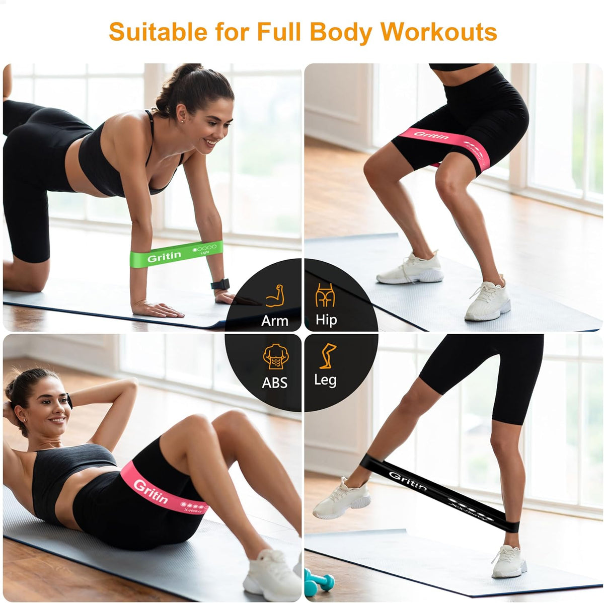 Gritin Resistance Bands, Set of 5 Skin-Friendly Resistance Fitness Exercise Loop Bands