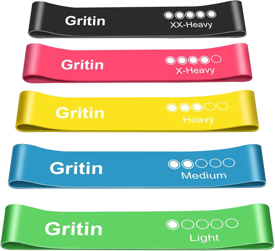 Gritin Resistance Bands, Set of 5 Skin-Friendly Resistance Fitness Exercise Loop Bands