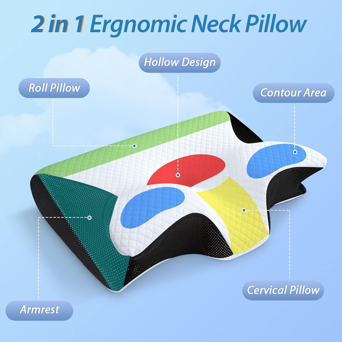 HOMCA Memory Foam Pillow, 2 in 1 Cervical Pillow for Neck Pain Relief