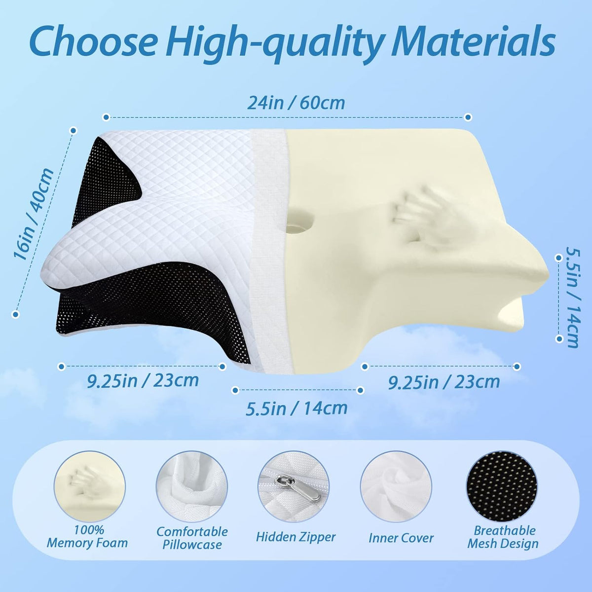 HOMCA Memory Foam Pillow, 2 in 1 Cervical Pillow for Neck Pain Relief