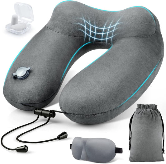 Inflatable Travel Neck Pillow for Airplanes, Super Soft Velvet Neck Support