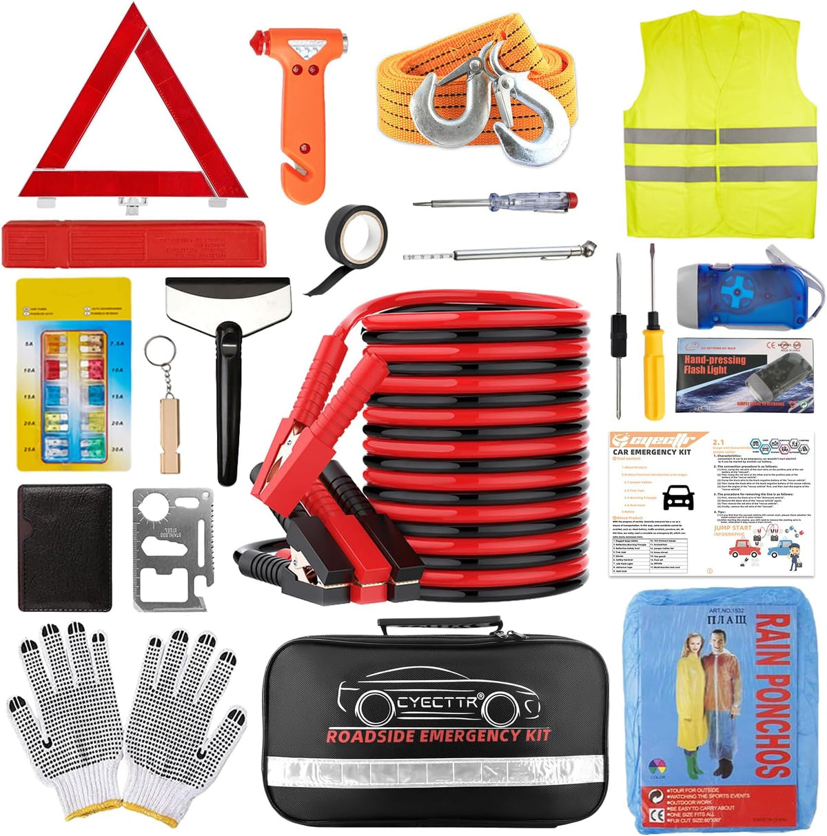 Kit,Auto Vehicle Truck Safety Emergency Road Side Assistance Kits with Jumper Cables