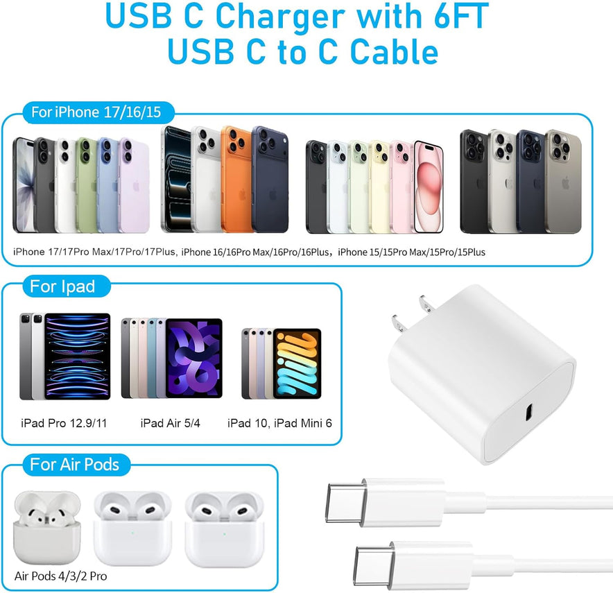 MFI Certified 20W Type C Charger Fast Charging Block with USB C to C Cable for iPhone 