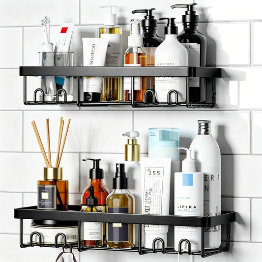 Moforoco Shower Caddy Shelf Organizer Rack, Self Adhesive Black Bathroom Shelves Basket
