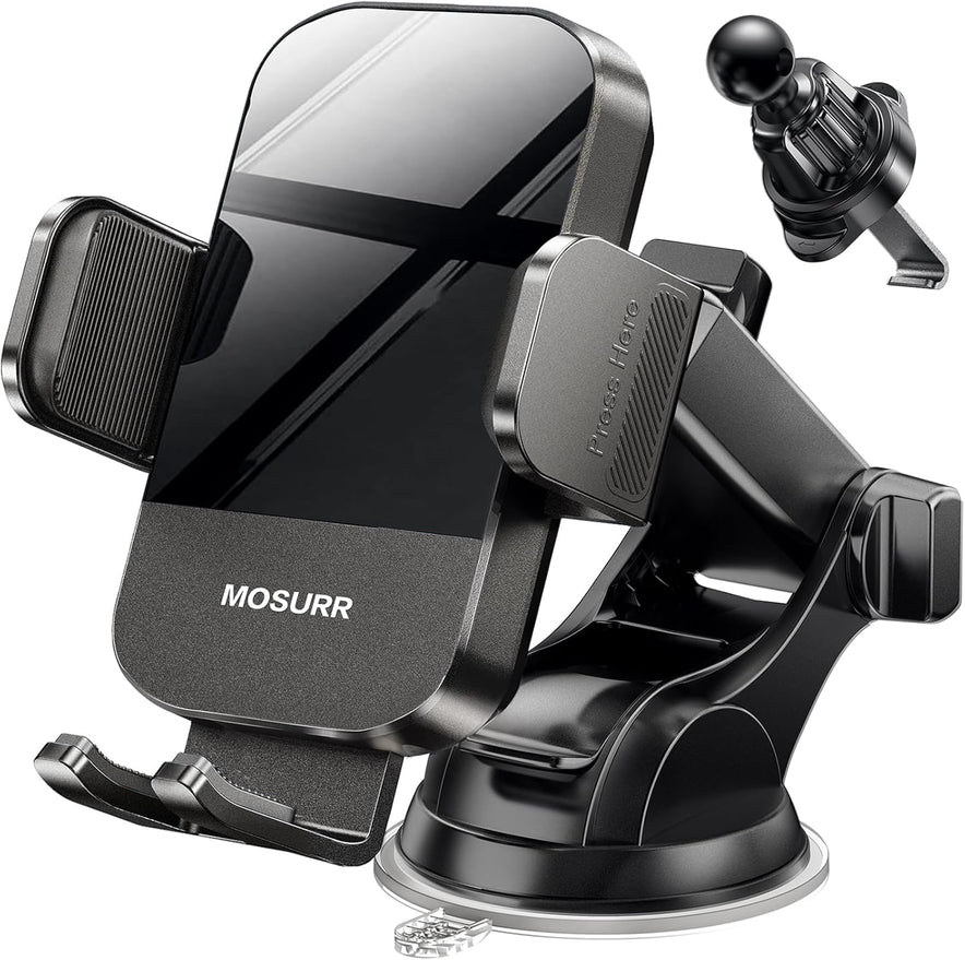 Mosurr Phone Holder Car Mount: Dual Installation (Suction & Vent Clip)