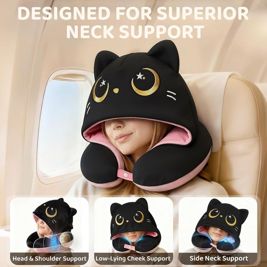 Neck Pillow with Hood for Airplanes,Memory Foam,Breathable Ice Silk & Soft Velvet