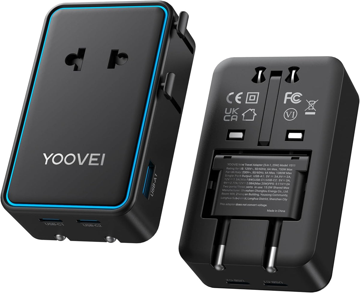 Travel Adapter with 1AC 1USB-A 2USB-C Ports,Smart Temperature 