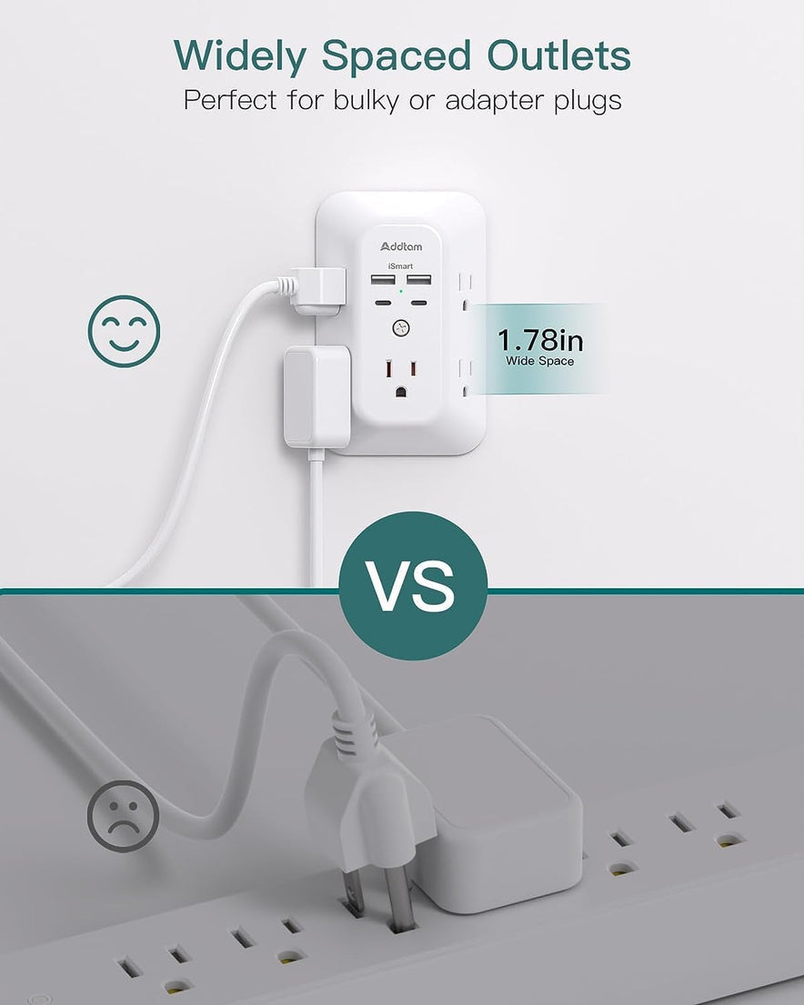 USB Wall Charger Surge Protector 5 Outlet Extender with 4 USB Charging Ports (2 USB C)