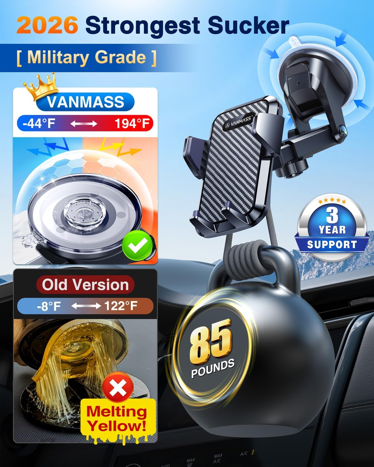 VANMASS [85+LBS Strongest Suction & Military-Grade] 2026 Ultimate Car Phone Holder